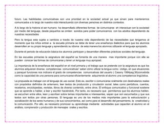 futuro. Las habilidades comunicativas son una prioridad en la sociedad actual ya que sirven para mantenernos
comunicados a lo largo de nuestra vida interactuando con diversas personas en distintos contextos.
A lo largo de la historia el ser humano ha desarrollado diferentes formas de comunicarse eh interactuar con la sociedad
por medio del lenguaje, desde pequeños se omiten sonidos para poder comunicarnos con los adultos dependiendo de
nuestras necesidades
Pero la lengua esta sujeta a cambios a través de nuestra vida dependiendo de las necesidades que tengamos al
momento que los niños entran a la escuela primaria se debe de tener una enseñanza dialéctica para que los alumnos
desarrollen en su propio lenguaje y aprendiendo su idioma de esta manera los alumnos utilizarán el lenguaje apropiado.
Durante el periodo de educación básica los alumnos participan y desarrollan diferentes prácticas sociales del lenguaje.
En las escuelas primarias la asignatura del español se fomenta de una manera mas importante porque con ella se
pueden conocer las formas de comunicarse y tener un lenguaje muy apropiad.
La importancia de la enseñanza del español en el nivel primaria y el trabajo que se pretende con la asignatura es que los
alumnos adquieran diversa competencias comunicativas” saber cómo utilizar la lengua como código, en que situaciones
y paraqué funciones nos indicara el grado de competencias comunicativas del usuario ( Cassny 1994pag.36)concebida
como la capacidad de una persona para comunicarse eficientemente adquiriendo el alumno una competencia lingüística.
La propuesta es trabajar con el lenguaje de uso social. Esto es, escribir o comunicarse oralmente con destinatarios reales
con propósitos definidos de antemano, leer textos de producción y circulación social, tales como periódicos, cuentos,
recetarios, enciclopedias, revistas, libros de diverso contenido, entre otros. El enfoque comunicativo y funcional sostiene
que se aprende a hablar, a leer y escribir haciéndolo. Por tanto, es necesario que permitamos que los alumnos hablen,
se escuchen entre ellos, lean y escriban sobre temas importantes e interesantes, sepan que son escuchados y que sus
textos son leídos por otras personas. El lenguaje es uno de los medios más importantes para la estructuración y
socialización de los seres humanos y de sus conocimientos, así como para el desarrollo del pensamiento, la creatividad y
la comunicación. Por ello, es necesario promover su aprendizaje mediante actividades que capaciten al alumno en el
análisis, comprensión y producción de mensajes orales y escritos.
 