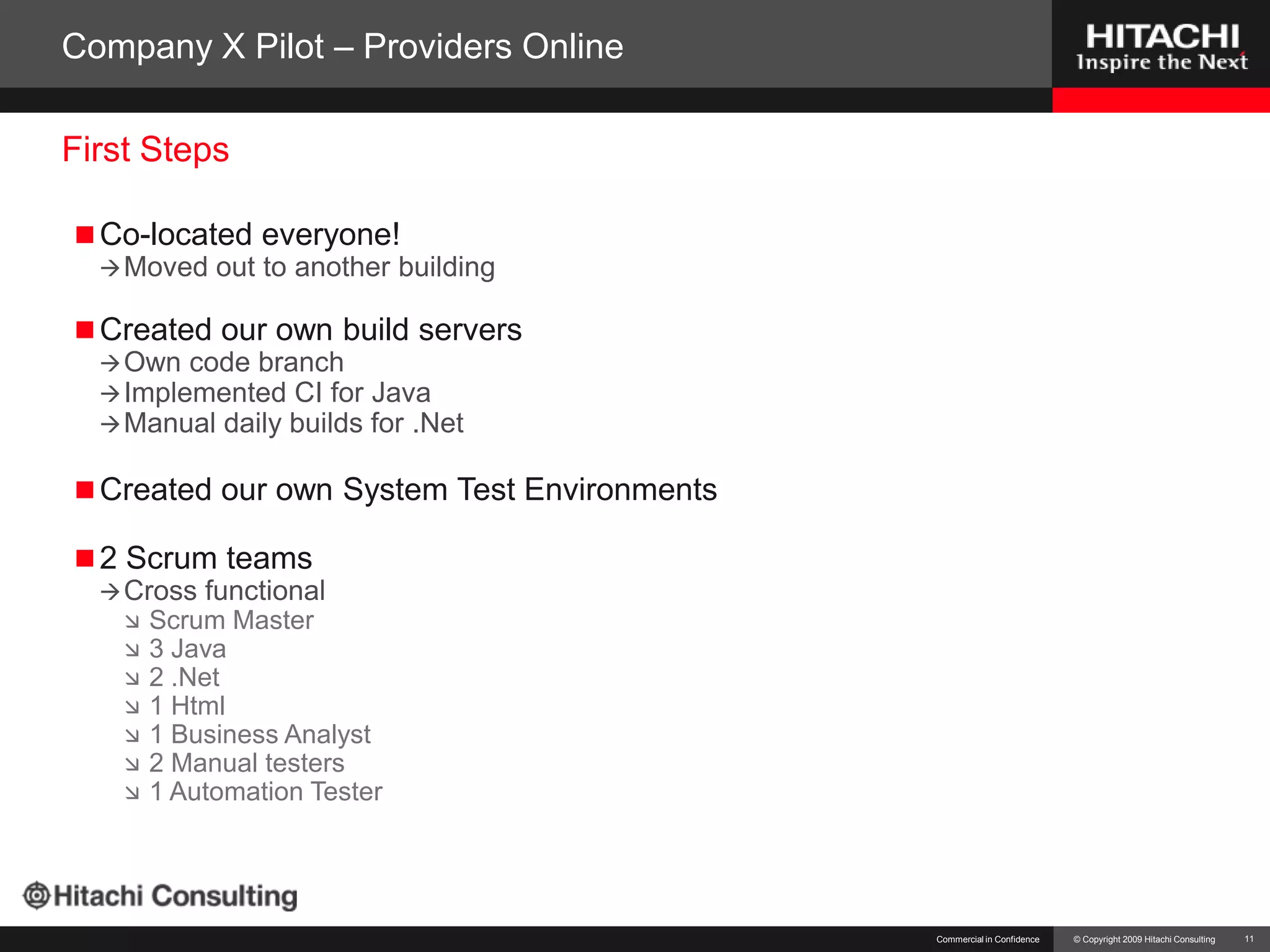 Company X Pilot – Providers OnlineCo-located everyone!Moved out to another buildingCreated our own build serversOwn code branchImplemented CI for JavaManual daily builds for .NetCreated our own System Test Environments2 Scrum teamsCross functionalScrum Master3 Java2 .Net1 Html1 Business Analyst2 Manual testers1 Automation TesterCommercial in Confidence11First Steps