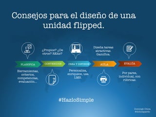 PLANIFICA CONTENIDOS CREA Y DIFUNDE AULA EVALÚA
Herramientas,
criterios,
competencias,
evaluación…
¿Propios? ¿De
otros? REAs?
Personaliza,
enriquece, usa
LMS.
Diseña tareas
atractivas.
Gamifica.
Por pares,
individual, con
rúbricas.
Consejos para el diseño de una
unidad flipped.
#HazloSimple
Domingo Chica
@dchicapardo
 