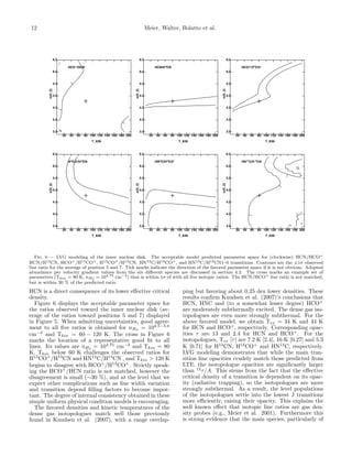12 Meier, Walter, Bolatto et al.
HCO /HCN+
n(H_2)
T_KIN
20 40 60 80 100 120 140 160 180 200
6.5
6.0
5.5
5.0
4.5
4.0
3.5
HCN/H CN13
n(H_2)
T_KIN
20 40 60 80 100 120 140 160 180 200
6.5
6.0
5.5
5.0
4.5
4.0
3.5
HCO / H CO+ 13 +
n(H_2)
T_KIN
20 40 60 80 100 120 140 160 180 200
6.5
6.0
5.5
5.0
4.5
4.0
3.5
H CO /H CN13 + 13
n(H_2)
T_KIN
20 40 60 80 100 120 140 160 180 200
6.5
6.0
5.5
5.0
4.5
4.0
3.5
HN C/H CO13 13 +
n(H_2)
T_KIN
20 40 60 80 100 120 140 160 180 200
6.5
6.0
5.5
5.0
4.5
4.0
3.5
HN C/H CN13 13
n(H_2)
T_KIN
20 40 60 80 100 120 140 160 180 200
6.5
6.0
5.5
5.0
4.5
4.0
3.5
Fig. 6.— LVG modeling of the inner nuclear disk. The acceptable model predicted parameter space for (clockwise) HCN/HCO+
HCN/H13CN, HCO+/H13CO+, H13CO+/H13CN, HN13C/H13CO+, and HN13C/H13CN1–0 transitions. Contours are the ±1 observed
line ratio for the average of position 5 and 7. Tick marks indicate the direction of the favored parameter space if it is not obvious. Adopted
abundance per velocity gradient values from the six di↵erent species are discussed in section 4.2. The cross marks an example set of
parameters (Tkin = 80 K, nH2
= 104.75 cm 3) that is within 1 of with all ﬁve isotopic ratios. The HCN/HCO+ line ratio is not matched,
but is within 30 % of the predicted ratio.
HCN is a direct consequence of its lower e↵ective critical
density.
Figure 6 displays the acceptable parameter space for
the ratios observed toward the inner nuclear disk (av-
erage of the ratios toward positions 5 and 7) displayed
in Figure 5. When admitting uncertainties, good agree-
ment to all ﬁve ratios is obtained for nH2 = 104.5 5.0
cm 3
and Tkin = 60 120 K. The cross in Figure 6
marks the location of a representative good ﬁt to all
lines. Its values are nH2
= 104.75
cm 3
and Tkin = 80
K. Tkin below 60 K challenges the observed ratios for
H13
CO+
/H13
CN and HN13
C/H13
CN , and Tkin > 120 K
begins to disagree with HCO+
/H13
CO+
. Strictly speak-
ing the HCO+
/HCN ratio is not matched, however the
disagreement is small (⇠30 %), and at the level that we
expect other complications such as line width variation
and transition depend ﬁlling factors to become impor-
tant. The degree of internal consistency obtained in these
simple uniform physical condition models is encouraging.
The favored densities and kinetic temperatures of the
dense gas isotopologues match well those previously
found in Knudsen et al. (2007), with a range overlap-
ping but favoring about 0.25 dex lower densities. These
results conﬁrm Knudsen et al. (2007)’s conclusions that
HCN, HNC and (to a somewhat lesser degree) HCO+
are moderately subthermally excited. The dense gas iso-
topologues are even more strongly subthermal. For the
above favored model, we obtain Tex = 34 K and 44 K
for HCN and HCO+
, respectively. Corresponding opac-
ities ⌧ are 13 and 2.4 for HCN and HCO+
. For the
isotopologues, Tex [⌧] are 7.2 K [2.4], 16 K [0.27] and 5.3
K [0.71] for H13
CN, H13
CO+
and HN13
C, respectively.
LVG modeling demonstrates that while the main tran-
sition line opacities crudely match those predicted from
LTE, the isotopologue opacities are signiﬁcantly larger
than 12
⌧/A. This stems from the fact that the e↵ective
critical density of a transition is dependent on its opac-
ity (radiative trapping), so the isotopologues are more
strongly subthermal. As a result, the level populations
of the isotopologues settle into the lowest J transitions
more e ciently, raising their opacity. This explains the
well known e↵ect that isotopic line ratios are gas den-
sity probes (e.g., Meier et al. 2001). Furthermore this
is strong evidence that the main species, particularly of
 