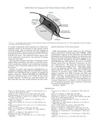 ALMA Multi–line Imaging of the Nearby Starburst Galaxy NGC 253 17
Fig. 10.— A schematic picture of the central starburst region of NGC 253 (see discussion in Sec. 5). The morphology is based on Figure
1 of (B13) with the chemistry added.
ice mantle evaporation shock signatures are being pref-
erentially erased in the presence of the intense central
radiation ﬁelds. This is consistent with the presence of
an enhanced PDR fraction towards the region of HNCO’s
dramatic decrease as determined form the CN/C17
O and
C2H/H13
CN ratios. The sulfureted species appear also
to be (indirectly) connected to the presence of shocks
across the inner disk.
We have detected three hydrogen recombination lines
(H40↵, H50 and H52 ) that show a centrally concen-
trated morphology (similar to the underlying continuum
emission) that is distinctly di↵erent from all molecular
gas tracers.
Finally, we report some tentative identiﬁcations, in-
cluding the aldehydes CH3CHO and NH2CHO, cyanides
CH2CN and CH3CH2CN and a number of organics of
similar complexity, CH2CO, HCOOH and CH3CH2OH.
The ﬁrst vibrational state of the 12
CO(1–0) line is also
possibly detected. If follow–up, multi-line studies con-
ﬁrm these IDs then they would represent the ﬁrst extra-
galactic detections of the above species.
DSM acknowledges partial support by the National
Science Foundation through grant AST-1009620. ADB
acknowledges support by the Alexander von Humboldt
Foundation and the Federal Ministry for Education and
Research through a Humboldt Fellowship, support by the
National Science Foundation through CAREER grant
AST-0955836 and AST-1412419, as well as a Cottrell
Scholar award from the Research Corporation for Sci-
ence Advancement. We thank the anonymous referee
for a thorough and helpful review. This paper makes
use of the following ALMA data: ADS/JAO.ALMA
#2011.0.00172.S. ALMA is a partnership of ESO (rep-
resenting its member states), NSF (USA) and NINS
(Japan), together with NRC (Canada) and NSC and
ASIAA (Taiwan), in cooperation with the Republic of
Chile. The Joint ALMA Observatory is operated by
ESO, AUI/NRAO and NAOJ. The National Radio As-
tronomy Observatory is a facility of the National Sci-
ence Foundation operated under cooperative agreement
by Associated Universities , Inc.
Facilities: ALMA
REFERENCES
Aladro, R., Mart´ın-Pintado, J., Mart´ın, S., Mauersberger, R., &
Bayet, E. 2011, A&A, 525, A89
Aladro, R., Viti, S., Bayet, E., et al. 2013, A&A, 549, AA39
Anantharamaiah, K. R., & Goss, W. M. 1996, ApJ, 466, L13
Baan, W. A., Henkel, C., Loenen, A. F., Baudry, A., & Wiklind,
T. 2008, A&A, 477, 747
Blake, G. A., Sutton, E. C., Masson, C. R., & Phillips, T. G.
1987, ApJ, 315, 621
Bolatto, A. D., Wolﬁre, M., & Leroy, A. K. 2013, ARA&A, 51,
207
Bolatto, A. D., Warren, S. R., Leroy, A. K., et al. 2013, Nature,
499, 450 (B13)
Boger, G. I., & Sternberg, A. 2005, ApJ, 632, 302
Brown, P. D., Charnley, S. B., & Millar, T. J. 1988, MNRAS,
231, 409
Carilli, C. L., & Walter, F. 2013, ARA&A, 51, 105
Charnley, S. B. 1997, ApJ, 481, 396
Costagliola, F., Aalto, S., Rodriguez, M. I., et al. 2011, A&A,
528, A30
Cummins, S. E., Linke, R. A., & Thaddeus, P. 1986, ApJS, 60,
819
Dayou, F., & Balan¸ca, C. 2006, A&A, 459, 297
Downes, D., & Solomon, P. M. 1998, ApJ, 507, 615
Dumouchel, F., Faure, A., & Lique, F. 2010, MNRAS, 406, 2488
Flower, D. R. 1999, MNRAS, 305, 651
Garc´ıa-Burillo, S., Mart´ın-Pintado, J., Fuente, A., & Neri, R.
2000, A&A, 355, 499
Graci´a-Carpio, J., Garc´ıa-Burillo, S., Planesas, P., & Colina, L.
2006, ApJ, 640, L135
Green, S. 1986, NASA Tech. Memo., NASA TM 87791
Green, S. & Chapman, S. 1978, ApJS, 37, 169
Harada, N., Herbst, E., & Wakelam, V. 2010, ApJ, 721, 1570
Harrison, A., Henkel, C., & Russell, A. 1999, MNRAS, 303, 157
Heithausen, A., Corneliussen, U., & Grossmann, V. 1995, A&A,
301, 941
Heithausen, A., Corneliussen, U., & Grossmann, V. 1998, A&A,
330, 311
Henkel, C., Asiri, H., Ao, Y., et al. 2014, A&A, 565, AA3
 