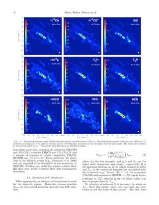 6 Meier, Walter, Bolatto et al.
Dec.Offset(")
H
13
CN
86.34 GHz
−40
−30
−20
−10
0
10
20
30
40
0
0.5
1
1.5
2
H
13
CO
+
86.75 GHz
0
0.2
0.4
0.6
0.8
1
1.2
1.4
1.6
SiO
86.85 GHz
0
0.5
1
1.5
2
Dec.Offset(")
HN
13
C
87.09 GHz
−40
−30
−20
−10
0
10
20
30
40
0
0.2
0.4
0.6
0.8
C
2
H
87.32 GHz
0
1
2
3
4
5
6
7
8
C
2
H
87.40 GHz
0
0.5
1
1.5
2
2.5
3
3.5
R.A. Offset (")
Dec.Offset(")
HNCO
87.93 GHz
−40−30−20−10010203040
−40
−30
−20
−10
0
10
20
30
40
0
0.5
1
1.5
2
2.5
R.A. Offset (")
H52!
88.41 GHz
−40−30−20−10010203040
0
0.1
0.2
0.3
0.4
0.5
0.6
R.A. Offset (")
HCN
88.63 GHz
−40−30−20−10010203040
0
5
10
15
20
Fig. 3.— Integrated intensity maps of selected molecules in our observations (Tab. 1). The respective intensity scale (in units of K km s 1)
is shown in each panel. The name of the line and its rest frequency are given in the top right corner of each panel. The beam size is shown
in the bottom right corner. Tentatively identiﬁed lines are labeled in italics.
from larger molecules, including the aldehydes CH3CHO
and NH2CHO, cyanides CH2CN and CH3CH2CN and
a number of organics of similar complexity, CH2CO,
HCOOH and CH3CH2OH. These molecules are abun-
dant in the Galactic center (e.g., Cummins et al. 1986)
and are expected to be detectable at our sensitivity in
NGC 253. If follow–up, multi-line studies conﬁrm these
IDs then they would represent their ﬁrst extragalactic
detections.
3.4. Excitation and Abundances
When appropriate, an estimate of abundances is made
for the detected species. Molecular column densities
Nmol are determined assuming optically thin LTE emis-
sion:
Nmol =
✓
3kQeEu/kTex
8⇡3⌫Sulµ2
0gu
◆
Imol, (1)
where Sul the line strength, and gu’s and Eu are the
upper state degeneracy and energy, respectively, Q is
the partition function, µo is the dipole moment in debye
and Tex is the excitation temperature associated with
the transition (e.g., Turner 1991). For the symmetric
(CH3SH) and asymmetric (HNCO, H2CS) tops Q is pro-
portional to T
3/2
ex , whereas Q for the linear rotors (the
rest) is proportional to Tex.
To calculate abundances it is necessary to adopt an
Tex. Since this survey covers only one band, gas exci-
tation is not the focus of this project. The only lines
 
