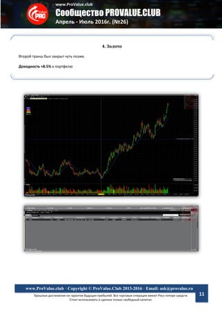 www.ProValue.club
Сообщество PROVALUE.CLUB
Апрель - Июль 2016г. (№26)
Прошлые достижения не гарантия будущих прибылей. Все торговые операции имеют Риск потери средств.
Стоит использовать в сделках только свободный капитал.
www.ProValue.club · Copyright © ProValue.Club 2013-2016 · Email: ask@provalue.ru
11
4. Золото
Второй транш был закрыт чуть позже.
Доходность +8.5% к портфелю
 