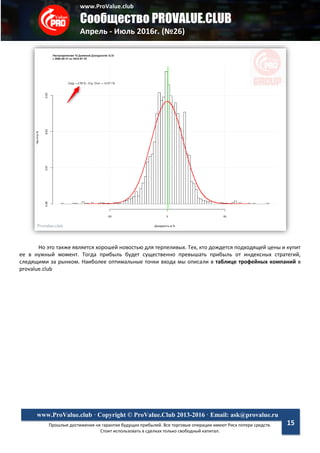 www.ProValue.club
Сообщество PROVALUE.CLUB
Апрель - Июль 2016г. (№26)
Прошлые достижения не гарантия будущих прибылей. Все торговые операции имеют Риск потери средств.
Стоит использовать в сделках только свободный капитал.
www.ProValue.club · Copyright © ProValue.Club 2013-2016 · Email: ask@provalue.ru
15
Но это также является хорошей новостью для терпеливых. Тех, кто дождется подходящей цены и купит
ее в нужный момент. Тогда прибыль будет существенно превышать прибыль от индексных стратегий,
следящими за рынком. Наиболее оптимальные точки входа мы описали в таблице трофейных компаний в
provalue.club
 