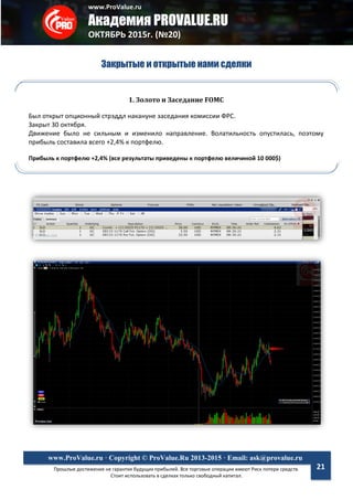 www.ProValue.ru
Академия PROVALUE.RU
ОКТЯБРЬ 2015г. (№20)
Прошлые достижения не гарантия будущих прибылей. Все торговые операции имеют Риск потери средств.
Стоит использовать в сделках только свободный капитал.
www.ProValue.ru · Copyright © ProValue.Ru 2013-2015 · Email: ask@provalue.ru
21
Закрытые и открытые нами сделки
1. Золото и Заседание FOMC
Был открыт опционный стрэддл накануне заседания комиссии ФРС.
Закрыт 30 октября.
Движение было не сильным и изменило направление. Волатильность опустилась, поэтому
прибыль составила всего +2,4% к портфелю.
Прибыль к портфелю +2,4% (все результаты приведены к портфелю величиной 10 000$)
 