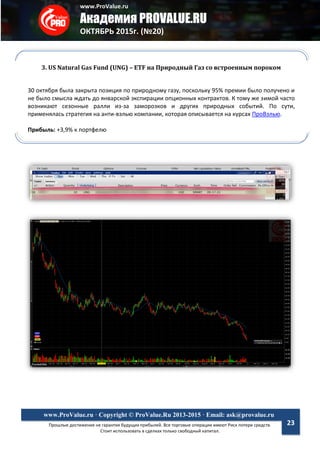 www.ProValue.ru
Академия PROVALUE.RU
ОКТЯБРЬ 2015г. (№20)
Прошлые достижения не гарантия будущих прибылей. Все торговые операции имеют Риск потери средств.
Стоит использовать в сделках только свободный капитал.
www.ProValue.ru · Copyright © ProValue.Ru 2013-2015 · Email: ask@provalue.ru
23
3. US Natural Gas Fund (UNG) – ETF на Природный Газ со встроенным пороком
30 октября была закрыта позиция по природному газу, поскольку 95% премии было получено и
не было смысла ждать до январской экспирации опционных контрактов. К тому же зимой часто
возникают сезонные ралли из-за заморозков и других природных событий. По сути,
применялась стратегия на анти-вэлью компании, которая описывается на курсах ПроВэлью.
Прибыль: +3,9% к портфелю
 