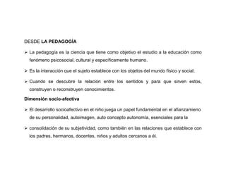DESDE LA PEDAGOGÍA

 La pedagogía es la ciencia que tiene como objetivo el estudio a la educación como
  fenómeno psicosocial, cultural y específicamente humano.

 Es la interacción que el sujeto establece con los objetos del mundo físico y social.

 Cuando se descubre la relación entre los sentidos y para que sirven estos,
  construyen o reconstruyen conocimientos.

Dimensión socio-afectiva

 El desarrollo socioafectivo en el niño juega un papel fundamental en el afianzamieno
  de su personalidad, autoimagen, auto concepto autonomía, esenciales para la

 consolidación de su subjetividad, como también en las relaciones que establece con
  los padres, hermanos, docentes, niños y adultos cercanos a él.
 