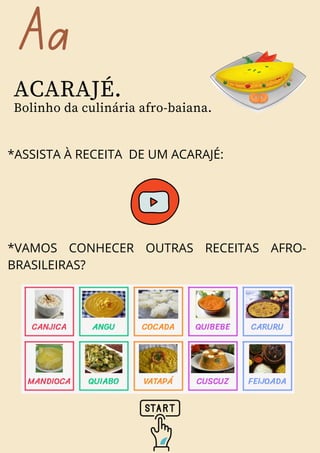 ACARAJÉ.
Bolinho da culinária afro-baiana.
*ASSISTA À RECEITA DE UM ACARAJÉ:
*VAMOS CONHECER OUTRAS RECEITAS AFRO-
BRASILEIRAS?
Aa
 