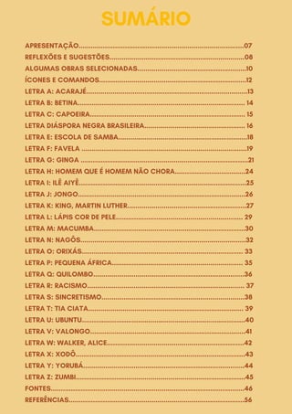 SUMÁRIO
APRESENTAÇÃO..................................................................................07
REFLEXÕES E SUGESTÕES...................................................................08
ALGUMAS OBRAS SELECIONADAS......................................................10
ÍCONES E COMANDOS.........................................................................12
LETRA A: ACARAJÉ................................................................................13
LETRA B: BETINA................................................................................... 14
LETRA C: CAPOEIRA............................................................................. 15
LETRA DIÁSPORA NEGRA BRASILEIRA.................................................. 16
LETRA E: ESCOLA DE SAMBA................................................................18
LETRA F: FAVELA ..................................................................................19
LETRA G: GINGA ...................................................................................21
LETRA H: HOMEM QUE É HOMEM NÃO CHORA...................................24
LETRA I: ILÊ AIYÊ...................................................................................25
LETRA J: JONGO...................................................................................26
LETRA K: KING, MARTIN LUTHER...........................................................27
LETRA L: LÁPIS COR DE PELE............................................................... 29
LETRA M: MACUMBA...........................................................................30
LETRA N: NAGÔS..................................................................................32
LETRA O: ORIXÁS................................................................................ 33
LETRA P: PEQUENA ÁFRICA................................................................. 35
LETRA Q: QUILOMBO...........................................................................36
LETRA R: RACISMO.............................................................................. 37
LETRA S: SINCRETISMO.......................................................................38
LETRA T: TIA CIATA............................................................................. 39
LETRA U: UBUNTU.................................................................................40
LETRA V: VALONGO.............................................................................41
LETRA W: WALKER, ALICE....................................................................42
LETRA X: XODÔ....................................................................................43
LETRA Y: YORUBÁ................................................................................44
LETRA Z: ZUMBI....................................................................................45
FONTES................................................................................................46
REFERÊNCIAS.......................................................................................56
 