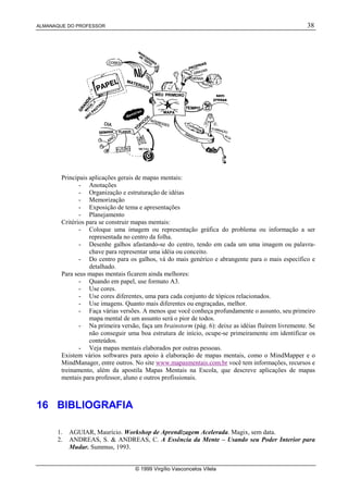ALMANAQUE DO PROFESSOR                                                                             38




       Principais aplicações gerais de mapas mentais:
              - Anotações
              - Organização e estruturação de idéias
              - Memorização
              - Exposição de tema e apresentações
              - Planejamento
       Critérios para se construir mapas mentais:
              - Coloque uma imagem ou representação gráfica do problema ou informação a ser
                  representada no centro da folha.
              - Desenhe galhos afastando-se do centro, tendo em cada um uma imagem ou palavra-
                  chave para representar uma idéia ou conceito.
              - Do centro para os galhos, vá do mais genérico e abrangente para o mais específico e
                  detalhado.
       Para seus mapas mentais ficarem ainda melhores:
              - Quando em papel, use formato A3.
              - Use cores.
              - Use cores diferentes, uma para cada conjunto de tópicos relacionados.
              - Use imagens. Quanto mais diferentes ou engraçadas, melhor.
              - Faça várias versões. A menos que você conheça profundamente o assunto, seu primeiro
                  mapa mental de um assunto será o pior de todos.
              - Na primeira versão, faça um brainstorm (pág. 6): deixe as idéias fluírem livremente. Se
                  não conseguir uma boa estrutura de início, ocupe-se primeiramente em identificar os
                  conteúdos.
              - Veja mapas mentais elaborados por outras pessoas.
       Existem vários softwares para apoio à elaboração de mapas mentais, como o MindMapper e o
       MindManager, entre outros. No site www.mapasmentais.com.br você tem informações, recursos e
       treinamento, além da apostila Mapas Mentais na Escola, que descreve aplicações de mapas
       mentais para professor, aluno e outros profissionais.



16 BIBLIOGRAFIA

      1.   AGUIAR, Maurício. Workshop de Aprendizagem Acelerada. Magix, sem data.
      2.   ANDREAS, S.  ANDREAS, C. A Essência da Mente – Usando seu Poder Interior para
           Mudar. Summus, 1993.


                                  © 1999 Virgílio Vasconcelos Vilela
 