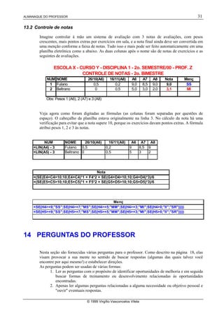 ALMANAQUE DO PROFESSOR 31
© 1999 Virgílio Vasconcelos Vilela
13.2 Controle de notas
Imagine controlar à mão um sistema de avaliação com 3 notas de avaliações, com pesos
crescentes, mais pontos extras por exercícios em sala, e a nota final ainda deve ser convertida em
uma menção conforme a faixa de notas. Tudo isso e mais pode ser feito automaticamente em uma
planilha eletrônica como a abaixo. As duas colunas após o nome são de notas de exercícios e as
seguintes de avaliações.
Veja agora como foram digitadas as fórmulas (as colunas foram separadas por questões de
espaço). O cabeçalho da planilha estava originalmente na linha 3. No cálculo da nota há uma
verificação para evitar que a nota supere 10, porque os exercícios davam pontos extras. A fórmula
atribui pesos 1, 2 e 3 às notas.
14 PERGUNTAS DO PROFESSOR
Nesta seção são fornecidas várias perguntas para o professor. Como descrito na página 18, elas
visam provocar a sua mente no sentido de buscar respostas (algumas das quais talvez você
encontre por aqui mesmo!) e estabelecer direções.
As perguntas podem ser usadas de várias formas:
1. Ler as perguntas com o propósito de identificar oportunidades de melhoria e em seguida
buscar formas de treinamento ou desenvolvimento relacionadas às oportunidades
encontradas.
2. Apenas ler algumas perguntas relacionadas a alguma necessidade ou objetivo pessoal e
ouvir eventuais respostas.
ESCOLA X - CURSO Y - DISCIPLINA 1 - 2o. SEMESTRE/00 - PROF. Z
CONTROLE DE NOTAS - 2o. BIMESTRE
NUM NOME 26/10(A6) 16/11(A8) A6 A7 A8 Nota Menç
1 Fulano 0,5 0,2 9,0 8,5 9,0 9,0 SS
2 Beltrano 0 0,5 5,0 3,0 2,0 3,1 MI
Obs: Pesos 1 (A6), 2 (A7) e 3 (A8)
NUM NOME 26/10(A6) 16/11(A8) A6 A7 A8
=LIN(A4) - 3 Fulano 0,5 0,2 9 8,5 9
=LIN(A5) - 3 Beltrano 0 0,5 5 3 2
Nota
=(SE(E4+C410;10;E4+C4)*1 + F4*2 + SE(G4+D410;10;G4+D4)*3)/6
=(SE(E5+C510;10;E5+C5)*1 + F5*2 + SE(G5+D510;10;G5+D5)*3)/6
Menç
=SE(H4=9;SS;SE(H4=7;MS;SE(H4=5;MM;SE(H4=3;MI;SE(H40;II;SR)))))
=SE(H5=9;SS;SE(H5=7;MS;SE(H5=5;MM;SE(H5=3;MI;SE(H50;II;SR)))))
 