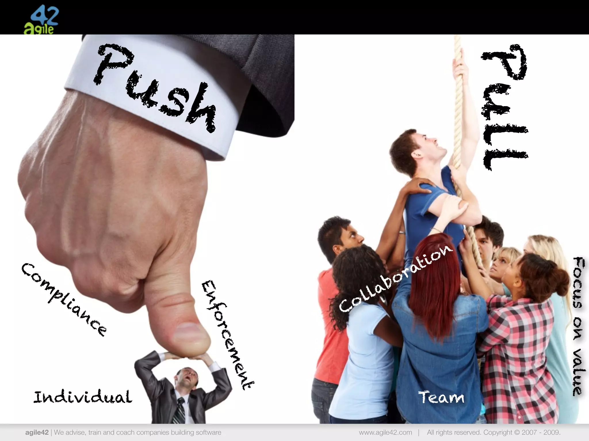 Pu




                                                                                                              Pull
                                          sh

C                                                                                          ti on




                                                                                                                                                 Focus on value
 om                                                                                      ra
                                                                                bo
        pl                                                                  lla
                                                       En




           i   an                                                         o
                                                                         C
                                                         for




                 ce
                                                            cem
                                                                   ent




  Individual                                                                                 Team

agile42 | We advise, train and coach companies building software             www.agile42.com |   All rights reserved. Copyright © 2007 - 2009.
 