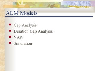 ALM Models
   Gap Analysis
   Duration Gap Analysis
   VAR
   Simulation
 
