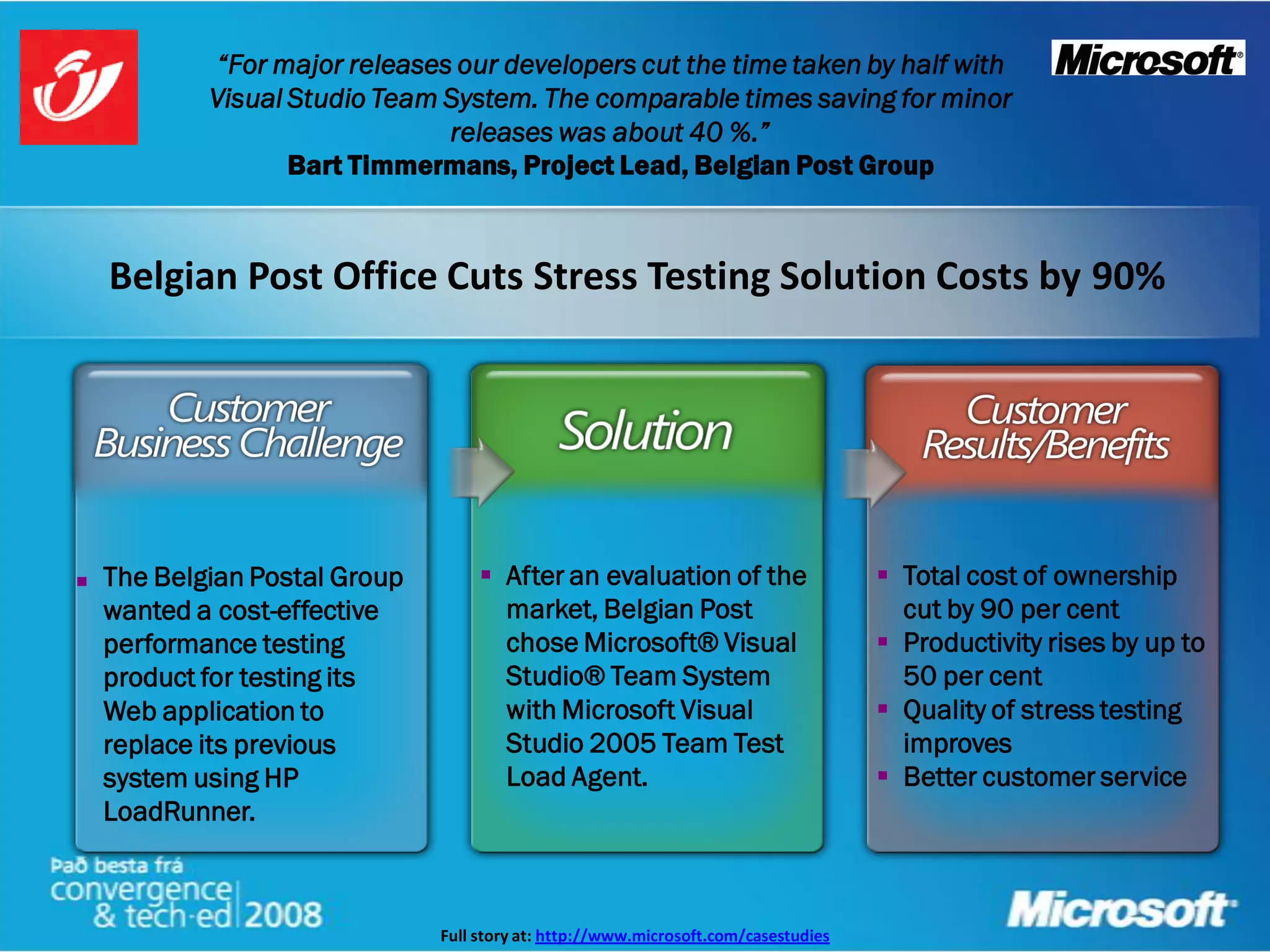 “For major releases our developers cut the time taken by half with
            Visual Studio Team System. The comparable times saving for minor
                               releases was about 40 %.”
                   Bart Timmermans, Project Lead, Belgian Post Group



    Belgian Post Office Cuts Stress Testing Solution Costs by 90%




   The Belgian Postal Group         After an evaluation of the                      Total cost of ownership
    wanted a cost-effective           market, Belgian Post                             cut by 90 per cent
    performance testing               chose Microsoft® Visual                         Productivity rises by up to
    product for testing its           Studio® Team System                              50 per cent
    Web application to                with Microsoft Visual                           Quality of stress testing
    replace its previous              Studio 2005 Team Test                            improves
    system using HP                   Load Agent.                                     Better customer service
    LoadRunner.



                               Full story at: http://www.microsoft.com/casestudies
 
