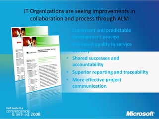 IT Organizations are seeing improvements in
   collaboration and process through ALM
                • Consistent and predictable
                  development process
                • Increased quality in service
                  delivery
                • Shared successes and
                  accountability
                • Superior reporting and traceability
                • More effective project
                  communication



        28
 