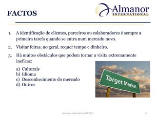 FACTOS

1.   A identificação de clientes, parceiros ou colaboradores é sempre a
     primeira tarefa quando se entra num mercado novo.
2. Visitar feiras, no geral, requer tempo e dinheiro.
3. Há muitos obstáculos que podem tornar a visita extremamente
   ineficaz:
     a)   Culturais
     b)   Idioma
     c)   Desconhecimento do mercado
     d)   Outros




                             Almanor International ©2011                  4
 