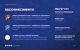 andrelmiceli.com.br
04/andrelmiceli
RECONHECIMENTO
PRÊMIO INFORMÁTICA HOJE –CAMPEÃS DO CRESCIMENTO
Desde 2009, a Infobase é listada entre as 200 maiores empresas
do Brasil dentre todos os segmentos do mercado tecnologia.
PRÊMIO INFORMÁTICA HOJE –CAMPEÃS DO CRESCIMENTO
Desde 2009, a Infobase está entre os 50 maiores integradores de
TI do país.
AS PMES QUE MAIS CRESCEM NO BRASIL
Em 2016 e 2017 a Delloite premiou a Infobase como uma das
empresas que mais cresceram nos últimos três anos no Brasil.
MELHORES LIVROS DE MARKETING
SEGUNDO LEITORES AMAZON
Planejamento de Marketing Digital
PRÊMIO PEIXE GRANDE
13 premiações
PRÊMIO IBEST
6 premiações
PROFESSOR HOMENAGEADO
02 premiações
 