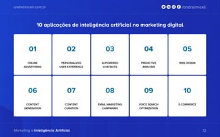 andrelmiceli.com.br /andrelmiceli
Marketing e Inteligência Artificial 12
andrelmiceli.com.br /andrelmiceli
Marketing e Inteligência Artificial 12
10 aplicações de inteligência artificial no marketing digital
ONLINE
ADVERTISING
01
CONTENT
GENERATION
06
PERSONALIZED
USER EXPERIENCE
02
CONTENT
CURATION
07
AI-POWERED
CHATBOTS
03
EMAIL MARKETING
CAMPAIGNS
08
PREDICTIVE
ANALYSIS
04
VOICE SEARCH
OPTIMIZATION
09
WEB DESIGN
05
E-COMMERCE
10
 