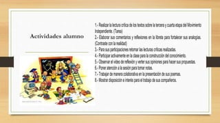 Actividades alumno
1.-Realizarlalecturacríticadelostextossobre laterceraycuartaetapadelMovimiento
Independiente.(Tarea)
2.- Elaborar sus comentarios y reflexiones en la libreta para fortalecer sus analogías.
(Contrasteconlarealidad)
3.-Parasusparticipacionesretomarlaslecturascríticasrealizadas.
4.-Participaractivamenteenlaclaseparalaconstruccióndelconocimiento.
5.-Observarelvideodereflexiónyvertersusopinionesparahacersuspropuestas.
6.-Poneratenciónalasesiónparatomarnotas.
7.-Trabajardemaneracolaborativaenlapresentacióndesuspoemas.
8.-Mostrardisposicióneinterésparaeltrabajodesuscompañeros.
 