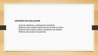 CRITERIOS DE EVALUACIÓN
-Lista de asistencia y participación individual.
-Rúbricas para evaluar reporte escrito de lectura crítica.
-Rúbrica para evaluar cuadro comparativo de análisis.
-Rúbrica para evaluar los poemas.
 