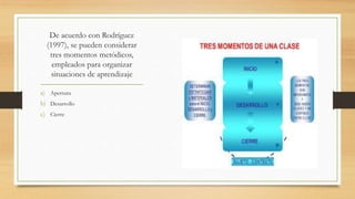 De acuerdo con Rodríguez
(1997), se pueden considerar
tres momentos metódicos,
empleados para organizar
situaciones de aprendizaje
a) Apertura
b) Desarrollo
c) Cierre
 
