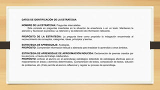 DATOS DE IDENTIFICACIÓN DE LA ESTRATEGIA:
NOMBRE DE LA ESTRATEGIA: Preguntas intercaladas
Esta consiste en preguntas insertadas en la situación de enseñanza o en un texto. Mantienen la
atención y favorecen la práctica. La retención y la obtención de información relevante.
PROPÓSITO DE LA ESTRATEGIA: La pregunta tiene como propósito la indagación encaminada al
reconocimiento de conceptos, categorías, ideas, principios y teorías.
ESTRATEGIA DE APRENDIZAJE: Analogías.
PROPÓSITO: Comprender información textual o abstracta para trasladar lo aprendido a otros ámbitos.
ESTRATEGIA DE APRENDIZAJE DE APROXIMACIÓN INDUCIDA: Declamación de poemas creados por
los alumnos, a través del trabajo colaborativo.
PROPÓSITO: enfocar al alumno en el aprendizaje estratégico dotándolo de estrategias efectivas para el
mejoramiento en áreas y dominios determinados. (Comprensión de textos, composición de textos, solución
de problemas, etc.) Esto permite al alumno reflexionar y regular su proceso de aprendizaje.
 