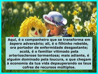 Aqui, é o companheiro que se transforma em
  áspero adversário; ali, é o filhinho rebelde,
  ora portador de enfermidade desgastante;
       acolá, é o familiar vitimado pela
 arteriosclerose tormentosa; mais adiante, é
alguém dominado pela loucura, e que chegam
à economia da tua vida depauperando os teus
         cofres de recursos múltiplos.
 
