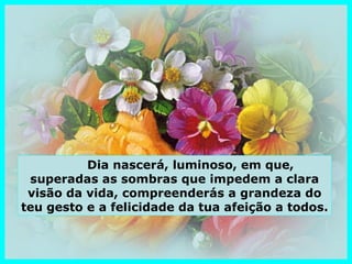 Dia nascerá, luminoso, em que,
 superadas as sombras que impedem a clara
 visão da vida, compreenderás a grandeza do
teu gesto e a felicidade da tua afeição a todos.
 