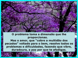 O problema toma a dimensão que lhe
               proporcionas.
    Mas o amor, que “cobre a multidão dos
pecados” voltado para o bem, resolve todos os
 problemas e dificuldades, fazendo que vibre,
    duradoura, a paz por que te afadigas.
 
