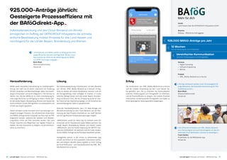 Individualentwicklung und das Cloud-Backend von Almato
ermöglichen im Auftrag der DATAGROUP Infosystems die schnelle,
einfache Bereitstellung mobiler Prozesse für das Land Hessen und
nachfolgend für die Länder Bayern, Brandenburg und Bremen.
925.000-Anträge jährlich:
Gesteigerte Prozesseffizienz mit
der BAföGdirekt-App­­-
20 21just add digital | Fallstudie Land Hessen – BAföGdirekt-Appjust add digital | Fallstudie Land Hessen – BAföGdirekt-App
Lösung
Die Individualentwicklung in Kombination mit dem Backend
von Almato (ONE_Mobile-Backend-as-a-Service) ermög­
lichte es Hessen als erstem Bundesland, Services rund um
die Antragsstellung mobil verfügbar zu machen. In kurzer
zeitlicher Abfolge kamen noch die Länder Bayern, Branden­
burg und Bremen hinzu. Bei der Umsetzung wurde ein star­
ker Fokus auf den Datenschutz gelegt, um die Sicherheit der
personenbezogenen Daten zu gewährleisten.
Dank der Standardfunktionen, wie z. B. Data-Storage und
Benutzerverwaltung aus dem Cloud-Backend, war die Rea­
lisierung des App-Projekts innerhalb von nur zwölf Wochen
und mit signifikanten Aufwandseinsparungen möglich.
»BAföGdirekt« wurde als native App für Android sowie iOS
entwickelt und für Smartphones sowie Tablets optimiert. Die
Länder Bayern, Brandenburg, Bremen und Hessen nutzen
­»BAföGdirekt« jetzt als mobile Ergänzung des BAFSYS-Sys­
tems der DATAGROUP, mit welchem rund 40 % aller studen­
tischen BAföG-Anträge deutschlandweit bearbeitet werden.
Antragsteller können in der intuitiv zu bedienenden App
schnell und einfach ihr Amt auswählen, Dokumente hochla­
den und erhalten aktuelle Status-Updates zu ihrem Antrag
per Push Notification – eine Standardfunktion des ONE_Mo­
bile-Backend-as-a-Service.
Erfolg
Die Kombination aus ­ONE_Mobile-Backend-as-a-­Service
und der mobilen Anwendung hat dem Land Hessen da­
bei geholfen, sein Ziel zu erreichen, die Kommunikation
­zwischen Förderungsamt und Antragsteller zu erleichtern
und die Prozesseffizienz zu steigern. Die mobilen Prozesse
unterstützen hunderttausende Antragsteller und haben zu
einem gesteigerten Nutzungserlebnis beigetragen.
»Smartphones und Tablets spielen im Alltag gerade vieler
junger Menschen eine sehr wichtige Rolle. Mit der neuen
App kommen wir ihnen bei der Beantragung von BAföG-
und AFBG-Leistungen entgegen.«
Boris Rhein
Wissenschaftsminister
Hessen.de
Kunde
Land Hessen über die DATAGROUP Infosystems GmbH
Branche
Bildung – Öffentliche Auftraggeber
Herausforderung
BAföG bietet finanzielle Unterstützung zur Ausbildungsför­
derung. Seit mehr als 40 Jahren unterstützt die Förderung
Schüler, Studenten und Berufsaufsteiger dabei, ihre Ausbil­
dung zu finanzieren und somit erfolgreich in ihre Karriere zu
starten. Das Ziel des BAföG ist es, mehr Unterstützung für
viele junge Menschen zur Verfügung zu stellen. Hierfür wol­
len die Länder Bayern, Brandenburg, Bremen und Hessen die
Kommunikation mit den Antragstellern so unkompliziert und
schnell wie möglich gestalten.
Dieses Vorhaben wurde erschwert durch die bisherigen vor­
wiegend analogen Prozesse. Die erforderlichen Dokumente
zum BAföG-Antrag konnten entweder per Post oder als PDF
eingereicht werden, während die Updates zum Bearbei­
tungsstatus immer per Post versendet wurden. Das Land
Hessen brauchte eine Möglichkeit ihre digitale Präsenz zu
stärken, die User Experience zu steigern und die Kommuni­
kation zu erleichtern. »Die effiziente Architektur von ONE_Mobile-Backend-
as-a-Service eignet sich auch hervorragend, um die ent-
stehenden Push Notification-Volumen zu bewältigen.«
Frank Härdter
Projektleiter für die BAföGdirekt-App
Almato AG
»Die App verbessert spürbar unser Serviceangebot für
junge Menschen, die finanzielle Unterstützung für ihre
Ausbildung suchen.«
Boris Rhein
Wissenschaftsminister
Hessen.de
Services 
• Digital Consulting 
• Software Engineering 
• Betrieb
Produkt 
• ONE_Mobile-Backend-as-a-Service
925.000 BAföG-Anträge pro Jahr
12 Wochen
von der Beratung bis zum Ersteinsatz
Vereinfachte Kommunikation
zwischen Förderungsamt und Antragsteller
 