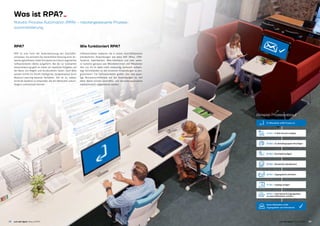 2928 just add digital | Was ist RPA? just add digital | Was ist RPA?
Beispiel Prozessablauf
Was ist RPA?­­-
Robotic Process Automation (RPA) – robotergesteuerte Prozess­­
automatisierung
RPA?
RPA ist eine Form der Automatisierung von Geschäfts­
prozessen. Sie simuliert die menschliche Nutzung einer An­
wendungssoftware. Diese Simulation wird durch ­sogenannte
Softwareroboter (Bots) ausgeführt. Bei der so realisierten
Automatisierung geht es meist um repetitive Aufgaben auf
der Basis von Regeln und strukturierten Daten. Doch Bots
werden Schritt für Schritt intelligenter, beispielsweise durch
Machine-Learning-basierte Verfahren. Ziel ist es, selbst­
lernende Systeme zu entwickeln, die den Menschen vollum­
fänglich unterstützen können.
01 Mitarbeiter stößt Prozess an
Neuer Mitarbeiter erhält
Zugangsdaten und Infomaterial
02 Bot  E-Mail-Account anlegen
03 Bot  Zu Verteilergruppen hinzufügen
04 Bot  Durchwahl anlegen
05 Bot  Verzeichnis aktualisieren
06 Bot  Zugangskarte anfordern
07 Bot  Zugänge anlegen
08 Bot  Infomaterial  Zugangsdaten
an neuen Mitarbeiter schicken
Wie funktioniert RPA?
Softwareroboter bedienen die in einem Geschäftsprozess
­erforderlichen Anwendungen wie etwa SAP, Office, CRM-­
Systeme, Datenbanken, Web-Interfaces und viele weite­
re Systeme genauso wie Mitarbeiterinnen und Mitarbeiter
dies tun. Es ist dabei nicht notwendig, technisch aufwen­
dige Schnittstellen zu den einzelnen Anwendungen zu pro­
grammieren. Die Softwareroboter greifen über ihre jewei­
lige Benutzerschnittstelle auf die Anwendungen zu. Auf
diese Weise können Geschäfts- und Verwaltungsprozesse
vollauto­matisch abgearbeitet werden.
 