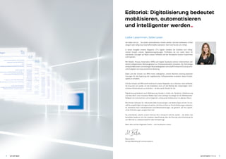IT’s that simple.
3
Liebe Leserinnen, liebe Leser,
Sie haben viel vor … Sie wollen automatisieren, Kosten senken, Services verbessern, Erlöse
steigern oder völlig neue Geschäftsmodelle realisieren. Dann sind Sie bei uns richtig!
In dieser Ausgabe unseres Magazins »IT‘s digital« erhalten Sie Einblicke zum erfolg­
reichen Einsatz unserer Digitalisierungslösungen. Profitieren Sie von vielen Ideen für
individuelle Lösungen auf Basis unserer Software und der Kompetenz unserer Expertinnen
und Experten.
Mit Robotic Process Automation (RPA) und Digital Assistants können Unternehmen den
­derzeit erfolgreichsten Werkzeugkasten zur Prozessautomation einsetzen. Die Technologie
entlastet Menschen von eintönigen Routinetätigkeiten und schafft Freiräume für anspruchs­
volle Aufgaben wie etwa persönliche Beratung.
Dabei wird der Einsatz von RPA immer intelligenter. Unsere Machine-Learning-basierten
­Lösungen für die Ergänzung der regelbasierten Softwareroboter erweitern deren Einsatz­
spektrum erheblich.
Und der Einsatz von RPA und KI wird durch unsere Angebote »as-a-Service« noch einfacher.
Sie brauchen sich weder um die Installation noch um den Betrieb der notwendigen, hoch­
sicheren Infrastrukturen zu kümmern – all das macht Almato für Sie.
Digitalisierung bedeutet auch Mobilisierung. Gerade in Zeiten der Pandemie, Globalisierung
und New Work sind innovative Mobile Apps eine wichtige Grundlage für die Wettbewerbs­
fähigkeit von Unternehmen und ermöglichen umfassende Kollaboration im digitalen Raum.
Mit Almato-Software für individuelle Web-Anwendungen und Mobile Apps können Sie be­
währte vorgefertigte Lösungen einsetzen und diese einfach an Ihre Anforderungen anpassen.
So entstehen hoch individualisierte Geschäftsanwendungen, die gänzlich auf Ihre spezifi­
schen Anforderungen ausgerichtet sind.
Sie entscheiden, welche unserer Services Sie in Anspruch nehmen wollen – wir bieten das
komplette Spektrum von der kreativen Ideenfindung über die Planung und Entwicklung bis
zum Betrieb an, selbstverständlich alles komplett agil.
Mehr dazu auf den folgenden Seiten – viel Freude beim Lesen!
Marcia Bohn
Almato Marketing & Communications
just add digital | Editorial
Editorial: Digitalisierung be­deutet
mobilisieren, automatisieren
und intelligenter werden­­-
just add digital
 