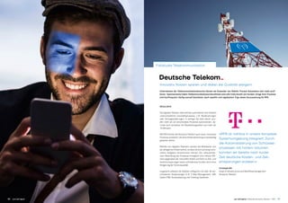 5756 just add digital
»RPA ist nahtlos in unsere komplexe
Systemumgebung integriert. Durch
die Automatisierung von Schlüssel-
prozessen mit hohem Volumen
konnten wir bereits nach kurzer
Zeit deutliche Kosten- und Zeit­
einsparungen erzielen.«
Christoph Bill
Head of Infrastructure and Workflowmanagement
Deutsche Telekom
Deutsche Telekom­­-
Innovativ Kosten sparen und dabei die Qualität steigern
RESULTATE
Die digitalen Roboter übernehmen automatisch eine Vielzahl
unterschiedlicher Geschäftsprozesse, z. B. Rückbuchungen
oder Vertragsänderungen. In weniger als zwei Jahren wur-
den mehr als 40 verschiedene Prozesse automatisiert, da-
runter auch komplexe mit Bearbeitungszeiten von mehr als
10 Minuten.
Mit RPA konnte die Deutsche Telekom auch neue, innovative
Prozesse umsetzen, die ohne Automatisierung zu kostspielig
gewesen wären.
Mithilfe von digitalen Robotern werden die Mitarbeiter von
der alltäglichen Arbeit befreit, so dass sie sich auf anspruchs-
vollere Aufgaben konzentrieren können. Die vollautomati-
sche Abwicklung der Prozesse ermöglicht eine höhere Effi-
zienz gegenüber der manuellen Arbeit und führt zu Zeit- und
Kosteneinsparungen sowie zufriedeneren Kunden durch eine
Steigerung der Servicequalität.
Insgesamt arbeiten die Roboter erfolgreich mit über 30 ver-
schiedenen Anwendungen (z. B. E-Mail-Management, SAP,
Siebel CRM, Routenplanung und Ticketing-Systeme).
Unternehmen der Telekommunikationsbranche können als Anwender von Robotic Process Automation sehr stark profi-
tieren. Typischerweise haben Telekommunikationsunternehmen eine sehr hohe Anzahl von Kunden. Einige ihrer Prozesse
sind hochfrequent, häufig manuell bearbeitet, stark repetitiv und regelbasiert. Ergo ideale Voraussetzung für RPA.
Fallstudie Telekommunikation
just add digital | Fallstudie Deutsche Telekom – RPA
 