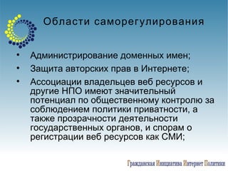 Области саморегулирования Администрирование доменных имен; Защита авторских прав в Интернете; Ассоциации владельцев веб ресурсов и другие НПО  имеют значительный потенциал по общественному контролю за соблюдением политики приватности, а также прозрачности деятельности государственных органов, и спорам о регистрации веб ресурсов как СМИ; 