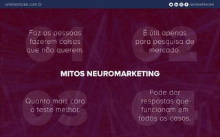 /andrelmiceliandrelmiceli.com.br
0201
Faz as pessoas
fazerem coisas
que não querem.
É útil apenas
para pesquisa de
mercado.
03 04
MITOS NEUROMARKETING
Quanto mais caro
o teste melhor.
Pode dar
respostas que
funcionam em
todos os casos.
 