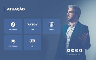 /andrelmiceliandrelmiceli.com.br
/andrelmiceli
ATUAÇÃO
INFOBASE
JOVEM PAN
FGV
JB
LIVROS
 