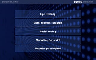/andrelmiceliandrelmiceli.com.br
Eye tracking
Medir reações cerebrais
Facial coding
Marketing Sensorial
Métodos psicológicos
 