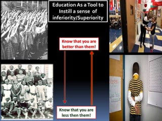 Education
Know that you are
better than them!
Know that you are
less then them!
1.To make good people
2. To make good citizens
3. To make each student
find some particular talents
to develop to the
maximum.
. Education As aTool to
Instill a sense of
inferiority/Superiority
 