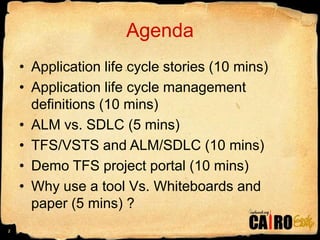 AgendaApplication life cycle stories (10 mins)Application life cycle management definitions (10 mins)ALM vs. SDLC (5 mins)TFS/VSTS and ALM/SDLC (10 mins)Demo TFS project portal (10 mins)Why use a tool Vs. Whiteboards and paper (5 mins) ?2