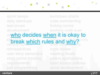 sprint tempo          burndown charts
daily standups        code commenting
test-driven           forking norms
development           working code over
  who decides when it is okay to
usability testing     documentation
standrds              communication norms
  break which rules and why?
version control       dflss certifications
retrospectives        code review
user story semantics  meeting rituals
story points tracking patent applications
requirements          open source policies
pair programming      spiral development
 