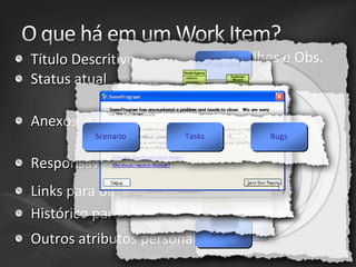 Detalhes e Obs.

Título Descritivo
Status atual

Proposed

Active
Active

Anexos e Links
Scenario

Responsável
Links para outros itens
Histórico para Auditoria

Tasks

Bugs

Resolved
Resolved

Closed
Closed

Outros atributos personalizáveis…

 