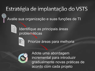 Avalie sua organização e suas funções de TI
Identifique as principais áreas
problemáticas
Priorize áreas para melhoria
Adote uma abordagem
incremental para introduzir
gradualmente novas práticas de
acordo com cada projeto

 