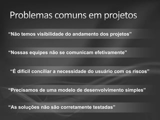 “Não temos visibilidade do andamento dos projetos”

“Nossas equipes não se comunicam efetivamente”

“É difícil conciliar a necessidade do usuário com os riscos”

“Precisamos de uma modelo de desenvolvimento simples”
“As soluções não são corretamente testadas”

 