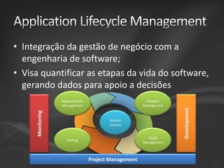 Monitoring

Requirements
Management

Release
Management

Version
Control
Build
Management

Testing

Project Management

Development

• Integração da gestão de negócio com a
engenharia de software;
• Visa quantificar as etapas da vida do software,
gerando dados para apoio a decisões

 