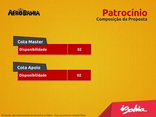 Patrocínio
Composição da Proposta
Cota Master
Disponibilidade

02

Cota Apoio
Disponibilidade

02

Produzido pelo Departamento de Marketing do iBahia – Para uso exclusivo da Rede Bahia.

 