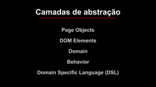 Page Objects
DOM Elements
Domain
Behavior
Domain Specific Language (DSL)
Camadas de abstração
 