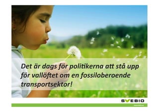Det	
  är	
  dags	
  för	
  poli1kerna	
  a4	
  stå	
  upp	
  
för	
  vallö8et	
  om	
  en	
  fossiloberoende	
  
transportsektor!	
  	
  

                                                          www.svebio.se
 