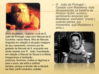  D . João de Portugal –
Casado com Madalena, mas
desaparecido na batalha de
Alcácer Quibir; austero;
sentimento amoroso por
Madalena; sonhador; crente (
quando pensa, por
momentos, que Madalena o
ama ).
Dona Madalena – suporte viúva de D.
João de Portugal; casa com Manuel de S.
Coutinho; nasce Maria, filha de Manuel;
Angustia em relação à situação insegura
do seu casamento; remorso por ter
gostado de Manuel de S. enquanto era
ainda casada com D . João; Inquietação
em relação a Manuel de Sousa e a Maria;
Insegurança e hesitação;
profunda, feminina; mulher p/ lágrimas e
para o amor, ela sofre e sofrerá
sempre, porque a dúvida não a deixará
ser feliz; perfil romântico; solidão.
 