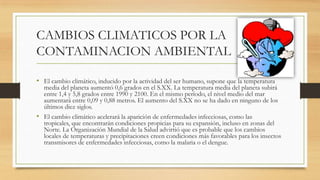 CAMBIOS CLIMATICOS POR LA
CONTAMINACION AMBIENTAL
• El cambio climático, inducido por la actividad del ser humano, supone que la temperatura
media del planeta aumentó 0,6 grados en el S.XX. La temperatura media del planeta subirá
entre 1,4 y 5,8 grados entre 1990 y 2100. En el mismo período, el nivel medio del mar
aumentará entre 0,09 y 0,88 metros. El aumento del S.XX no se ha dado en ninguno de los
últimos diez siglos.
• El cambio climático acelerará la aparición de enfermedades infecciosas, como las
tropicales, que encontrarán condiciones propicias para su expansión, incluso en zonas del
Norte. La Organización Mundial de la Salud advirtió que es probable que los cambios
locales de temperaturas y precipitaciones creen condiciones más favorables para los insectos
transmisores de enfermedades infecciosas, como la malaria o el dengue.
 