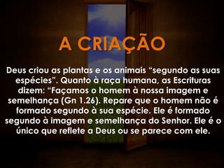 A CRIAÇÃO
Deus criou as plantas e os animais “segundo as suas
   espécies”. Quanto à raça humana, as Escrituras
    dizem: “Façamos o homem à nossa imagem e
 semelhança (Gn 1.26). Repare que o homem não é
   formado segundo à sua espécie. Ele é formado
segundo à imagem e semelhança do Senhor. Ele é o
   único que reflete a Deus ou se parece com ele.
 